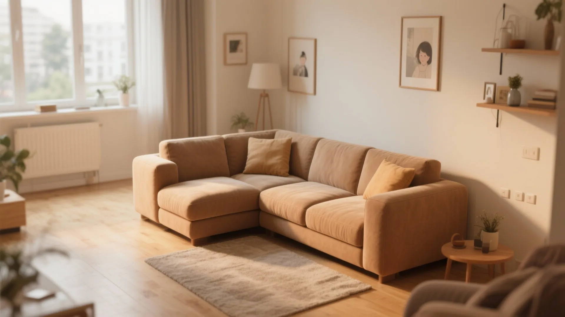 Brown L shaped sofa in a warm living room with wooden floors and soft natural sunlight