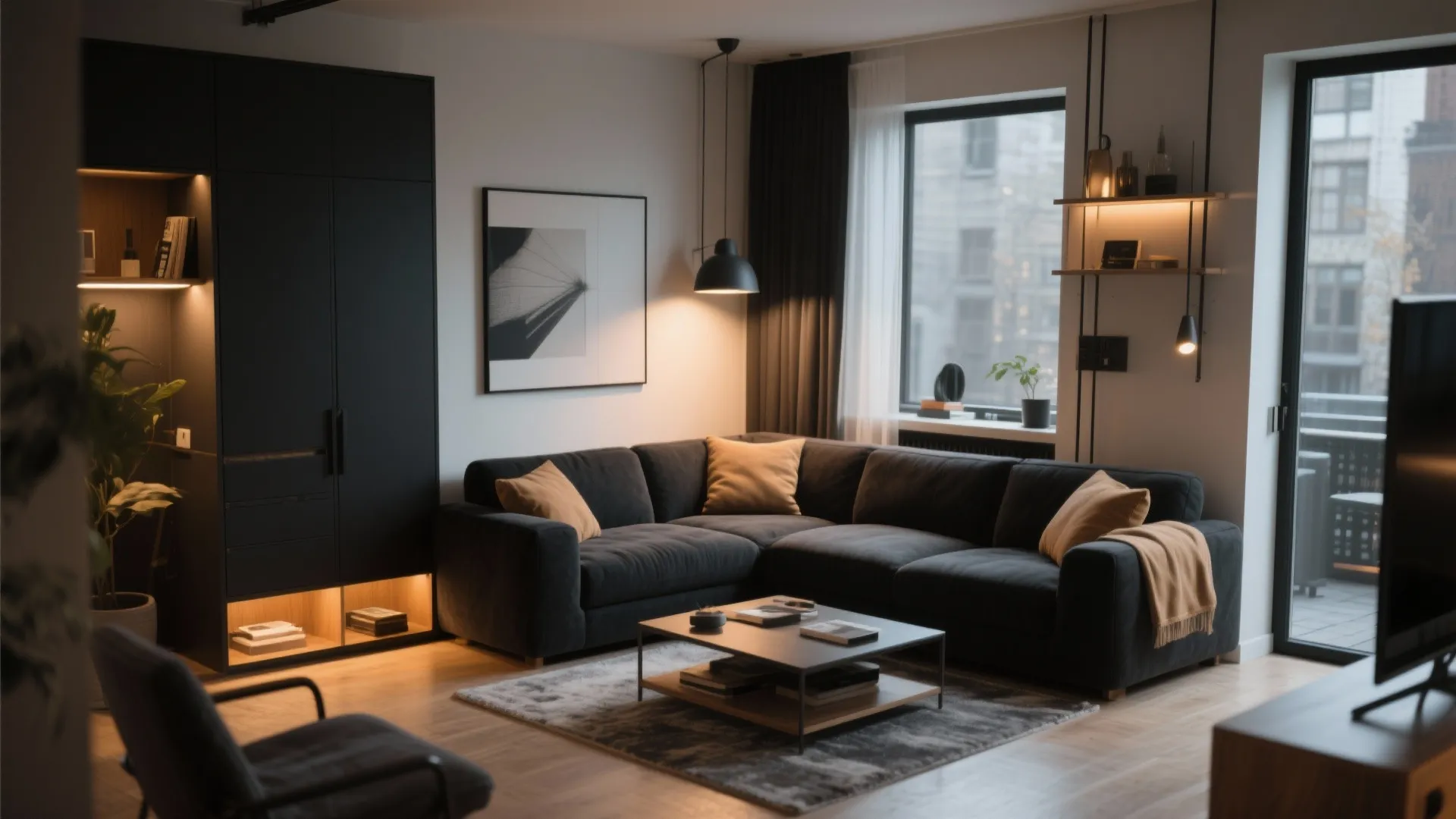 Modern living room with dark sofa coffee table black cabinet ceiling light and large bright windows