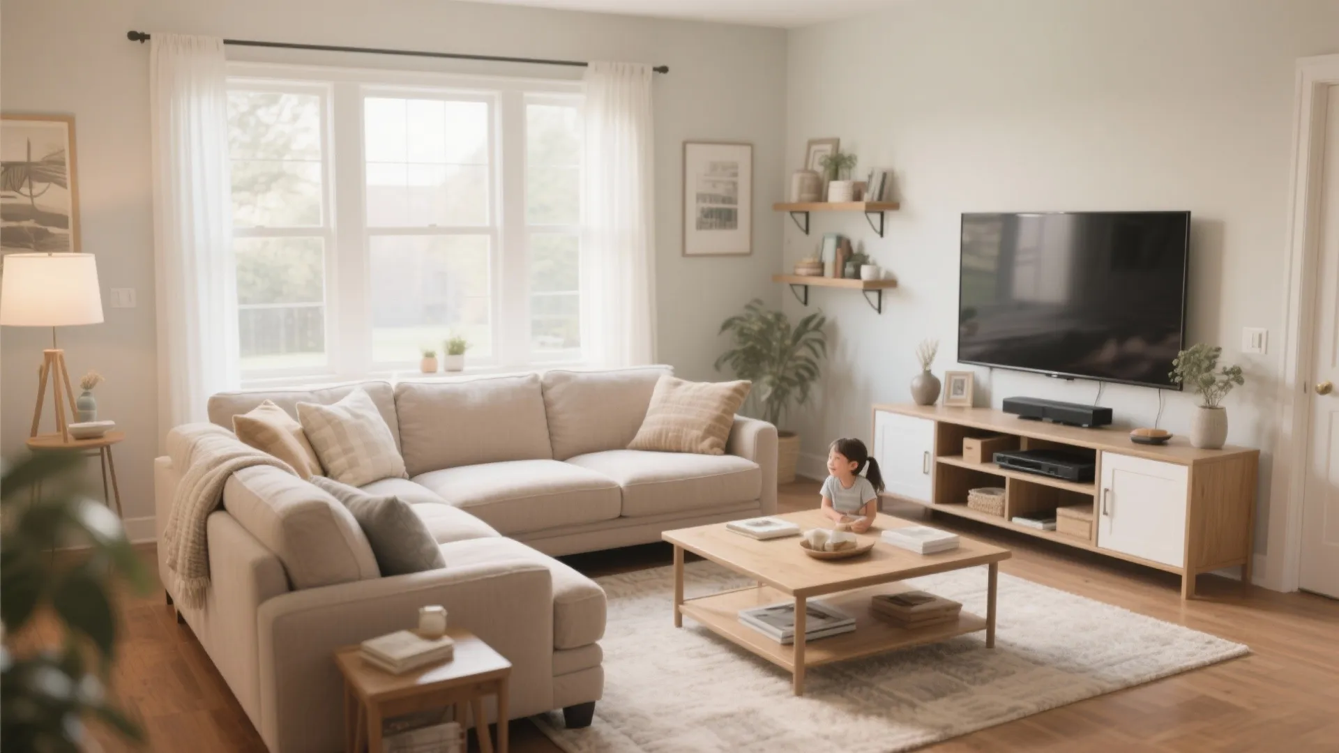 Cozy living room with large beige sofa wooden coffee table television cabinet and a small child