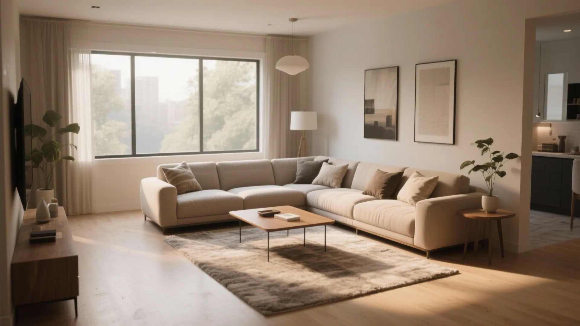 Cozy living room with beige sofa, wooden coffee table, floor lamp, and two wall paintings