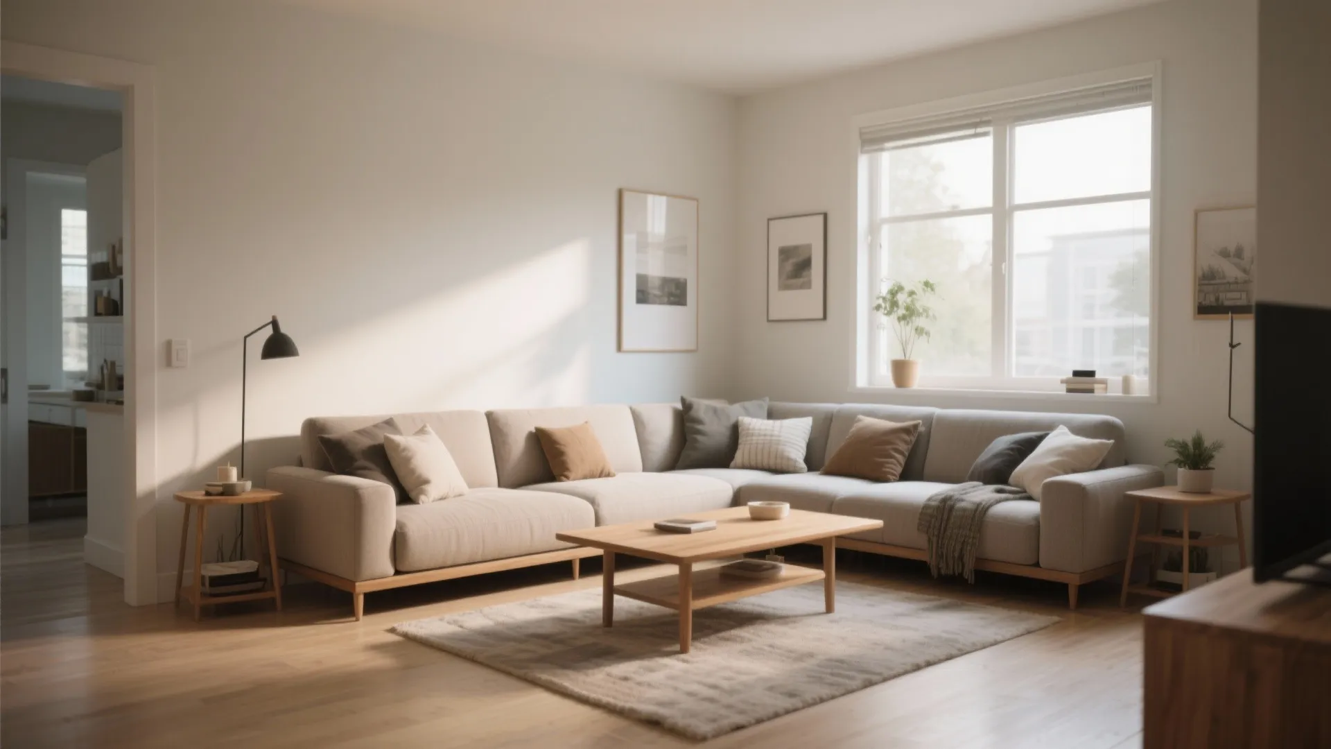 Spacious living room with a large sofa wooden coffee table and natural light from windows