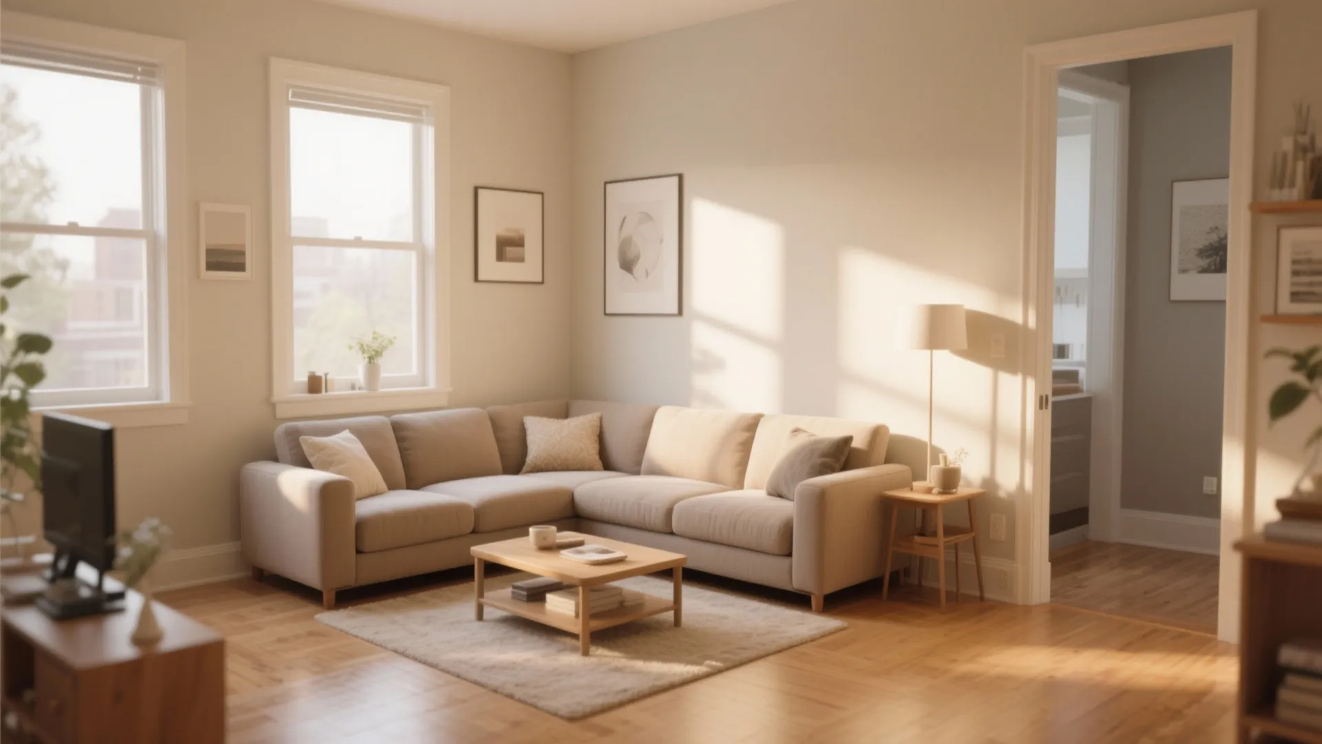 Cozy living room featuring a beige l shaped sofa wooden coffee table and warm sunlight