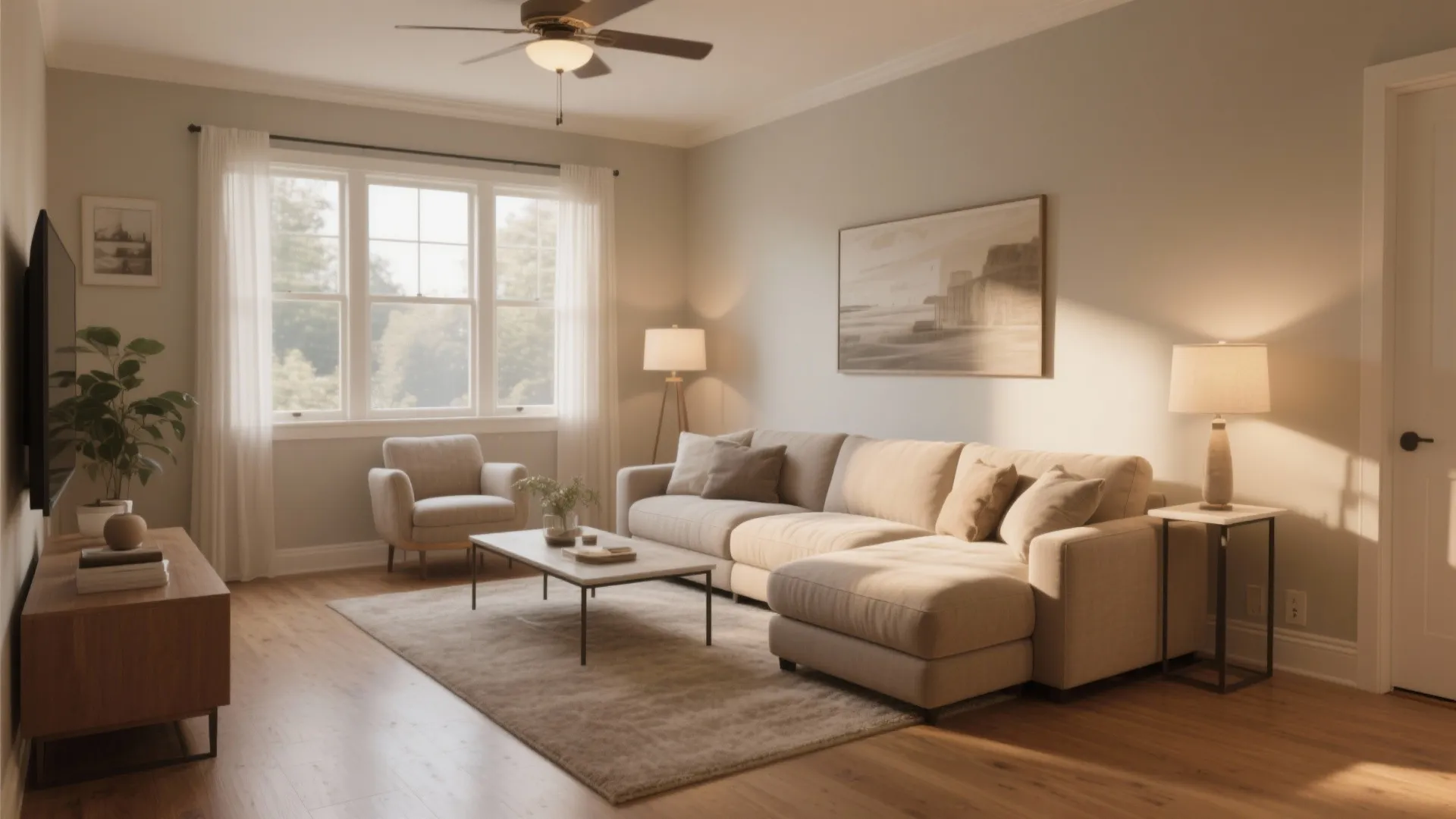 Modern living room with beige sofa rug coffee table window and a white ceiling light