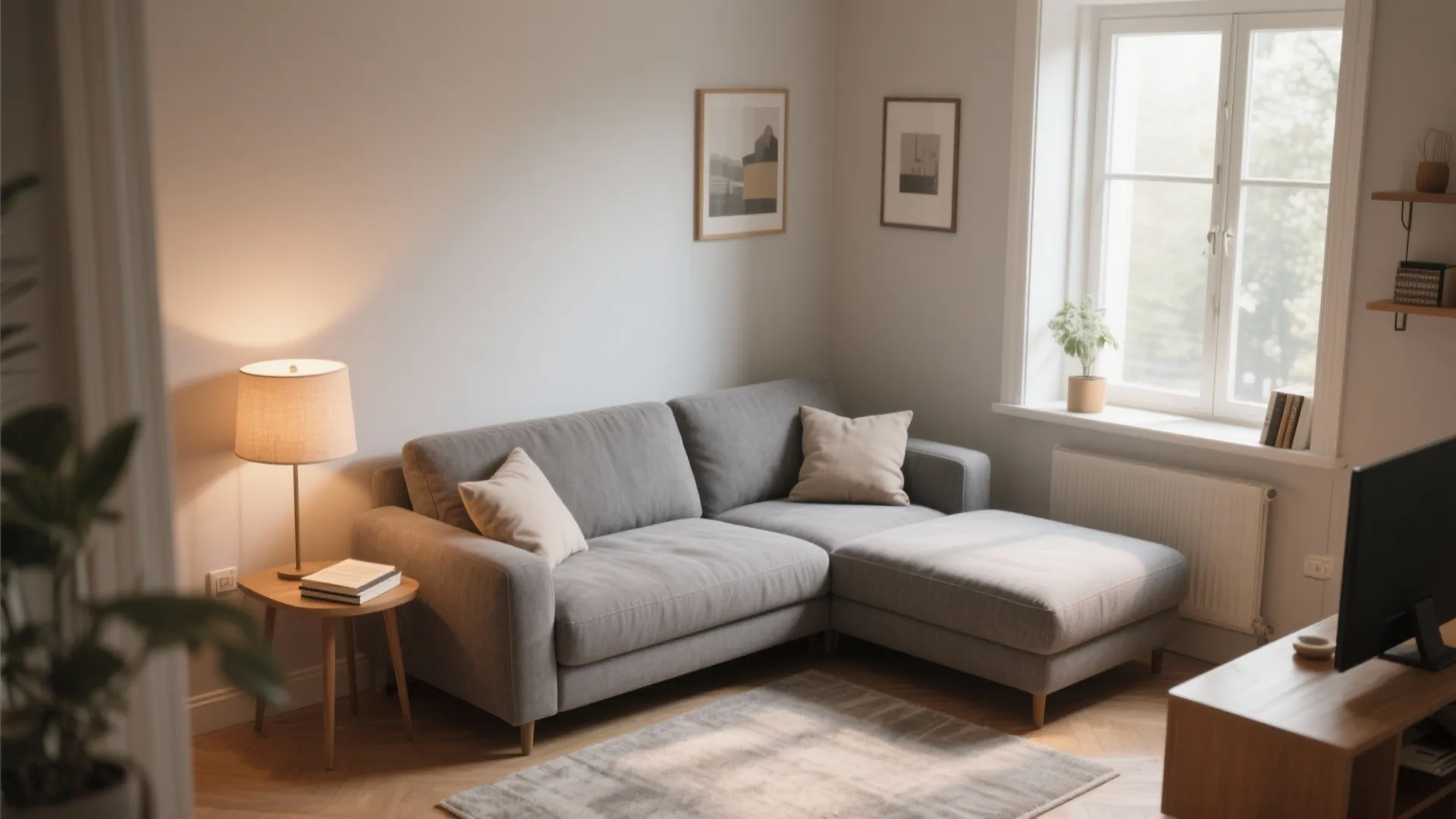 Grey sofa in a living room with a side table lamp window and wall pictures