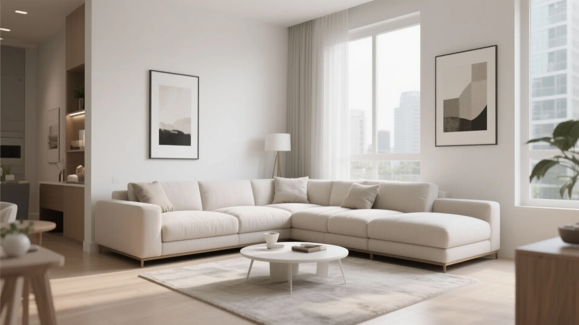 L-shaped sofa in bright modern condo living room