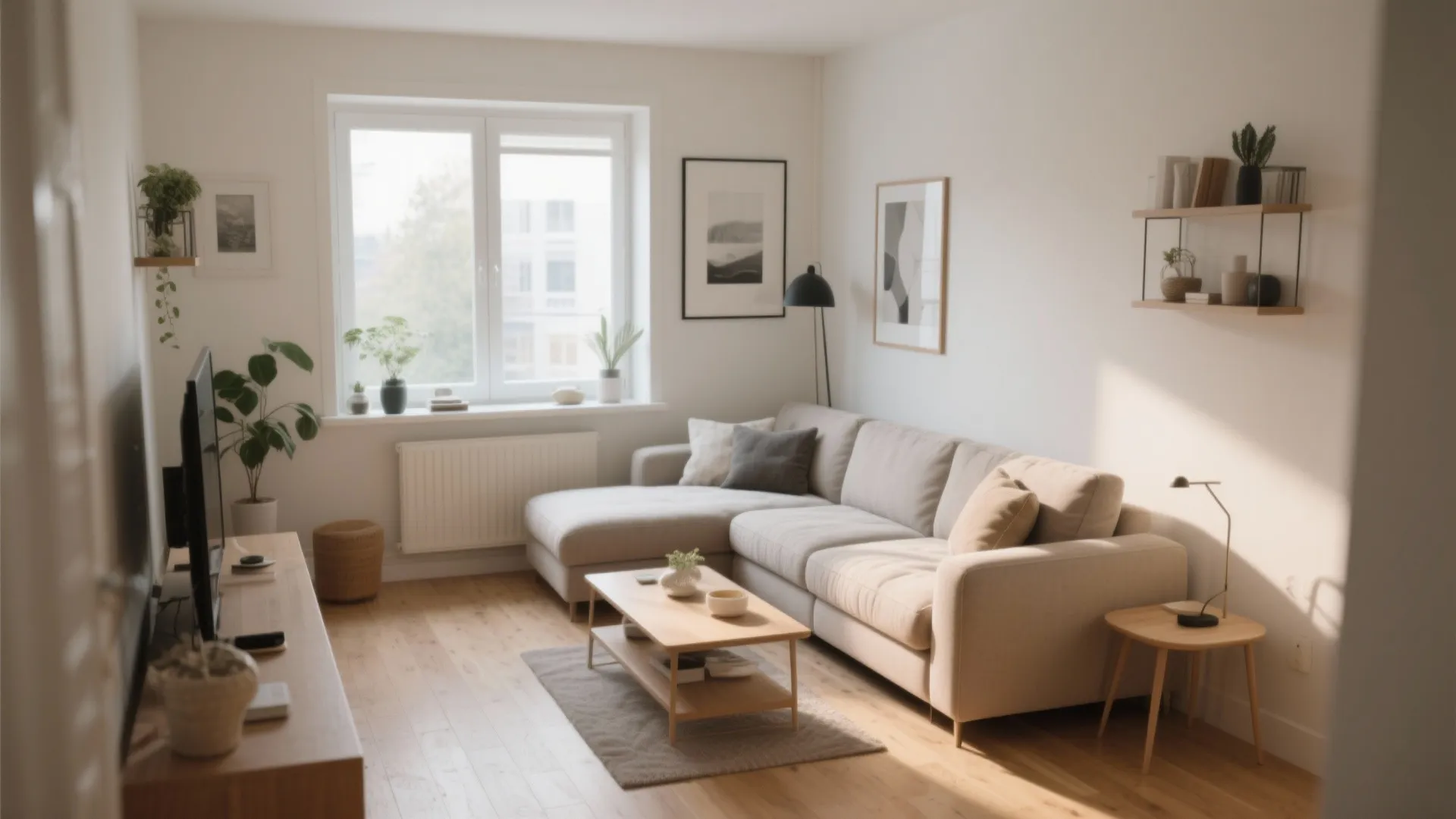 Bright living room with L shaped sofa wooden coffee table white window and small wall shelves