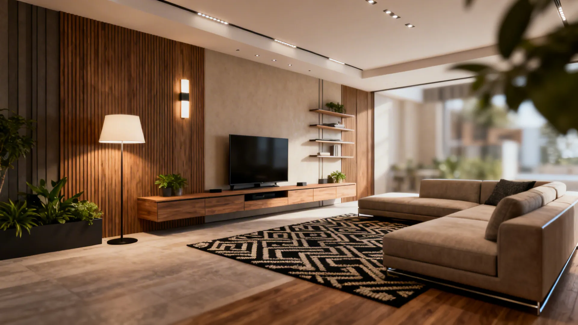 Modern living room with wood wall panels television large sofa floor lamp and patterned rug