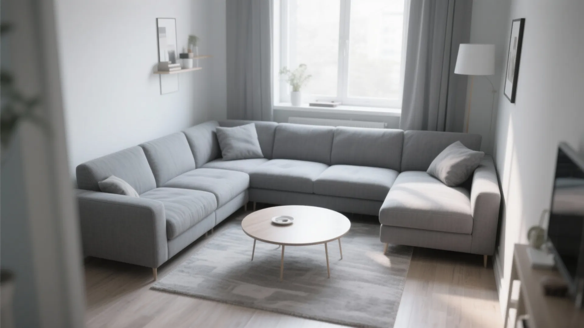 Minimalist living room with large grey sectional sofa round coffee table and natural window light