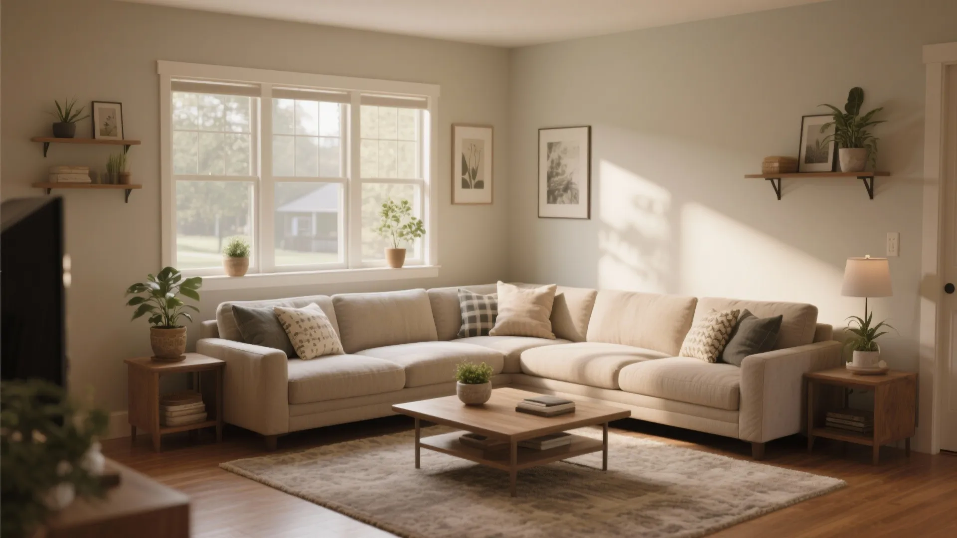 Modern living room corner featuring beige l shaped sofa wooden coffee table and wall shelves