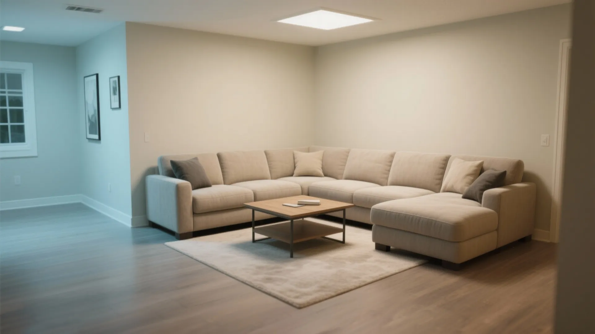 Compact living room with neutral L-shaped sofa in corner