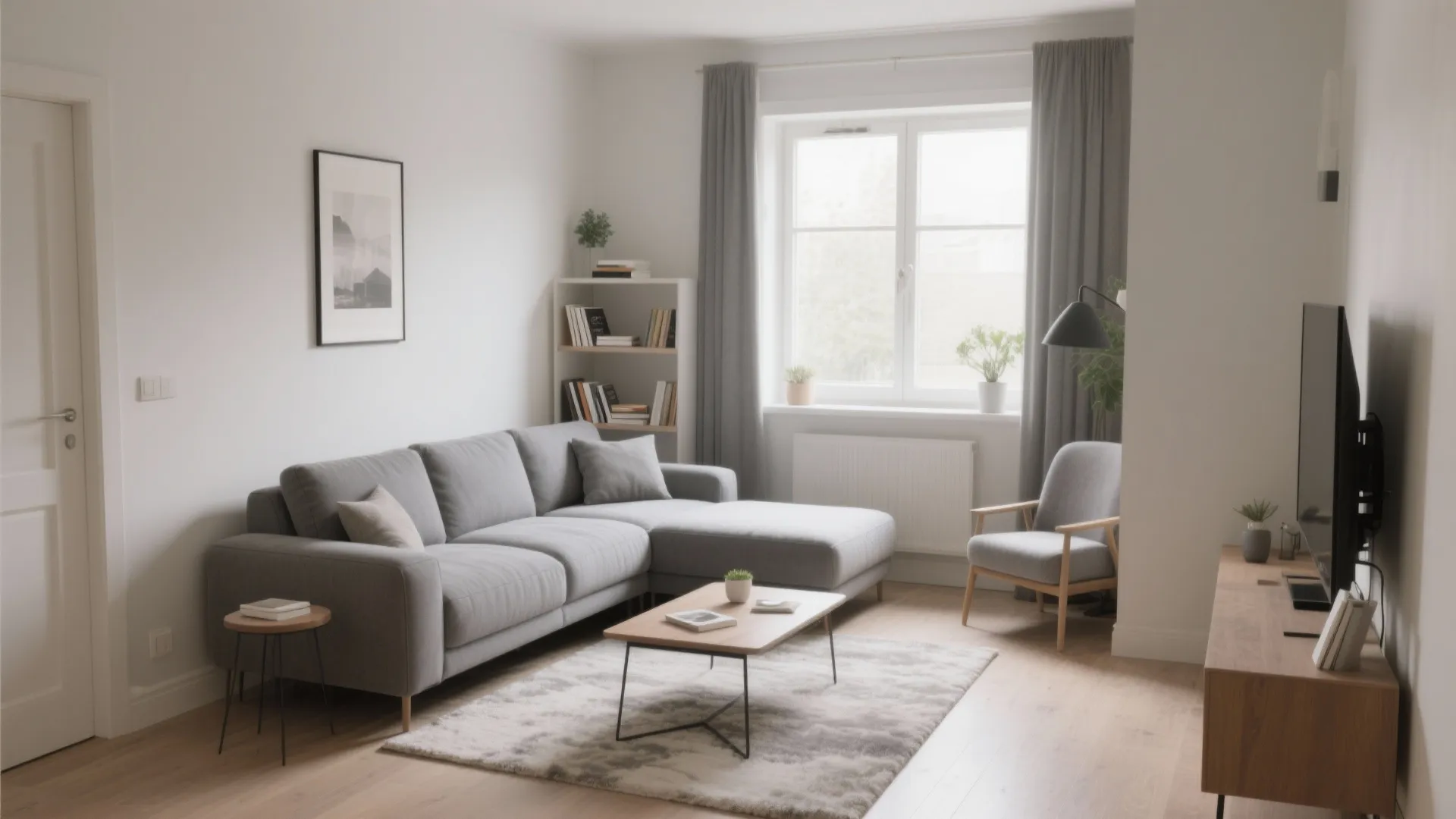 Modern living room with grey sectional sofa, wooden coffee table, and long grey window curtains