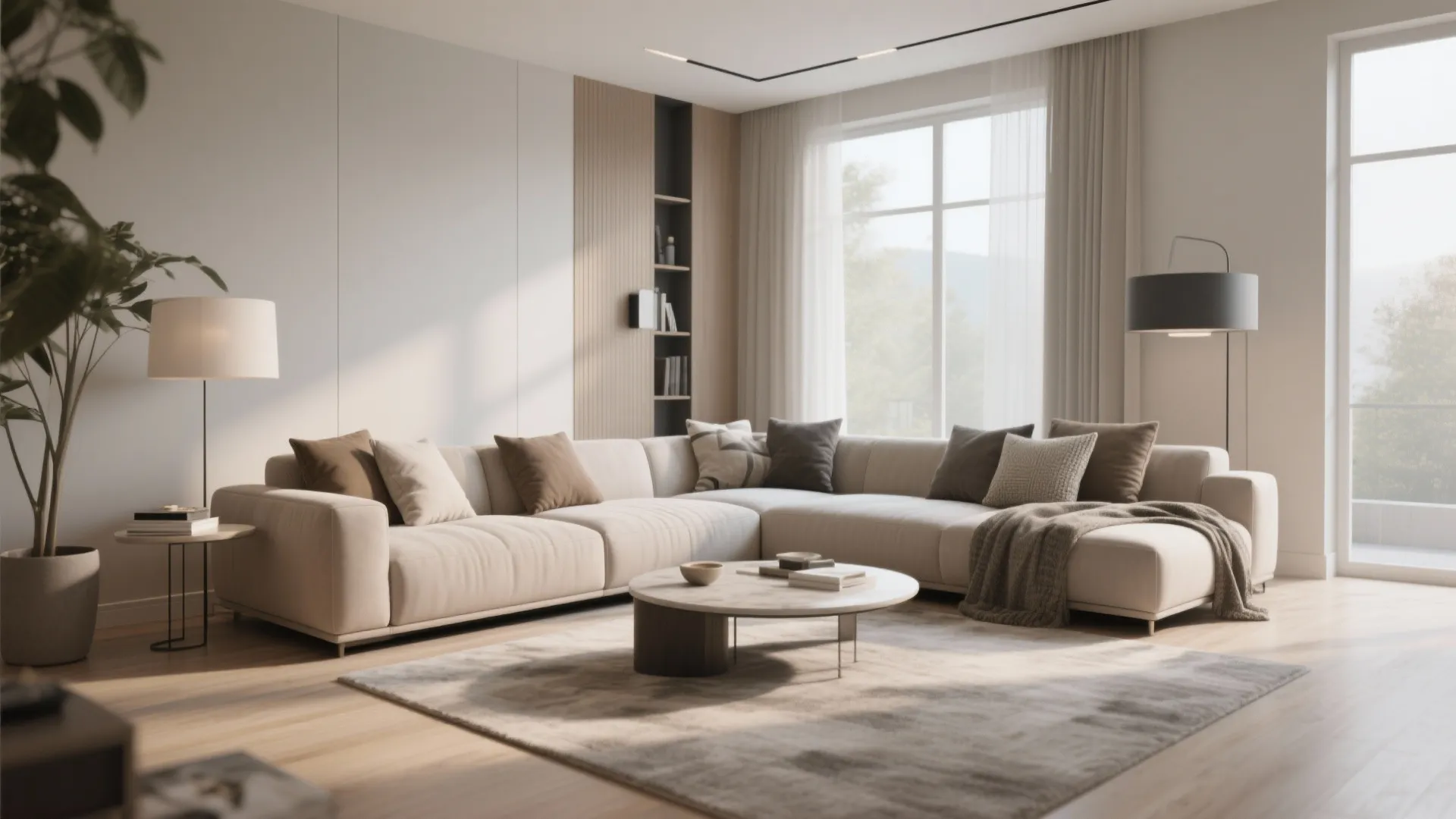 Modern living room with large cream sofa, round coffee table, grey rug, and floor lamp