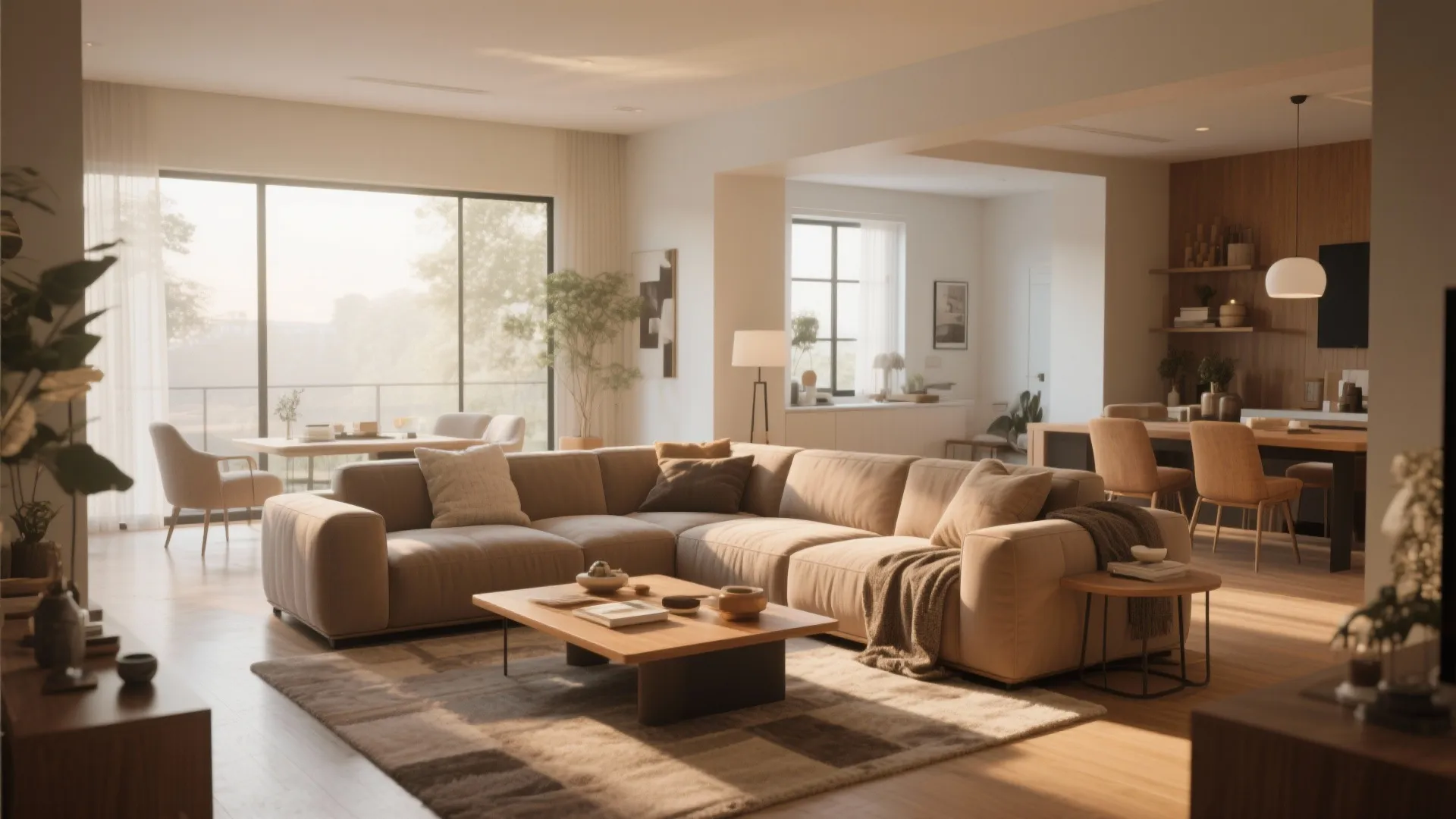 Modern open living room featuring a large brown sofa wooden coffee table and warm sunlight