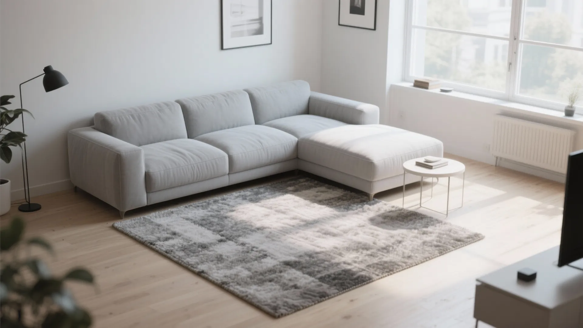 Modern living room layout with grey corner sofa patterned rug floor lamp and white side table