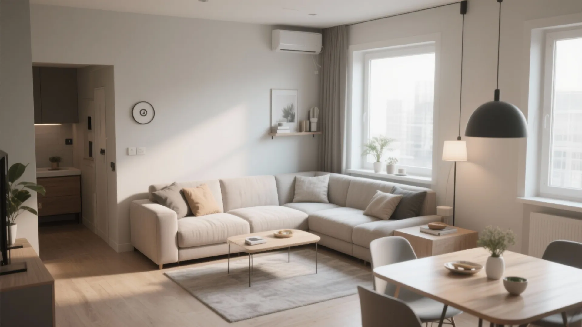 Modern living room with beige sofa wooden coffee table dining set and large bright window view