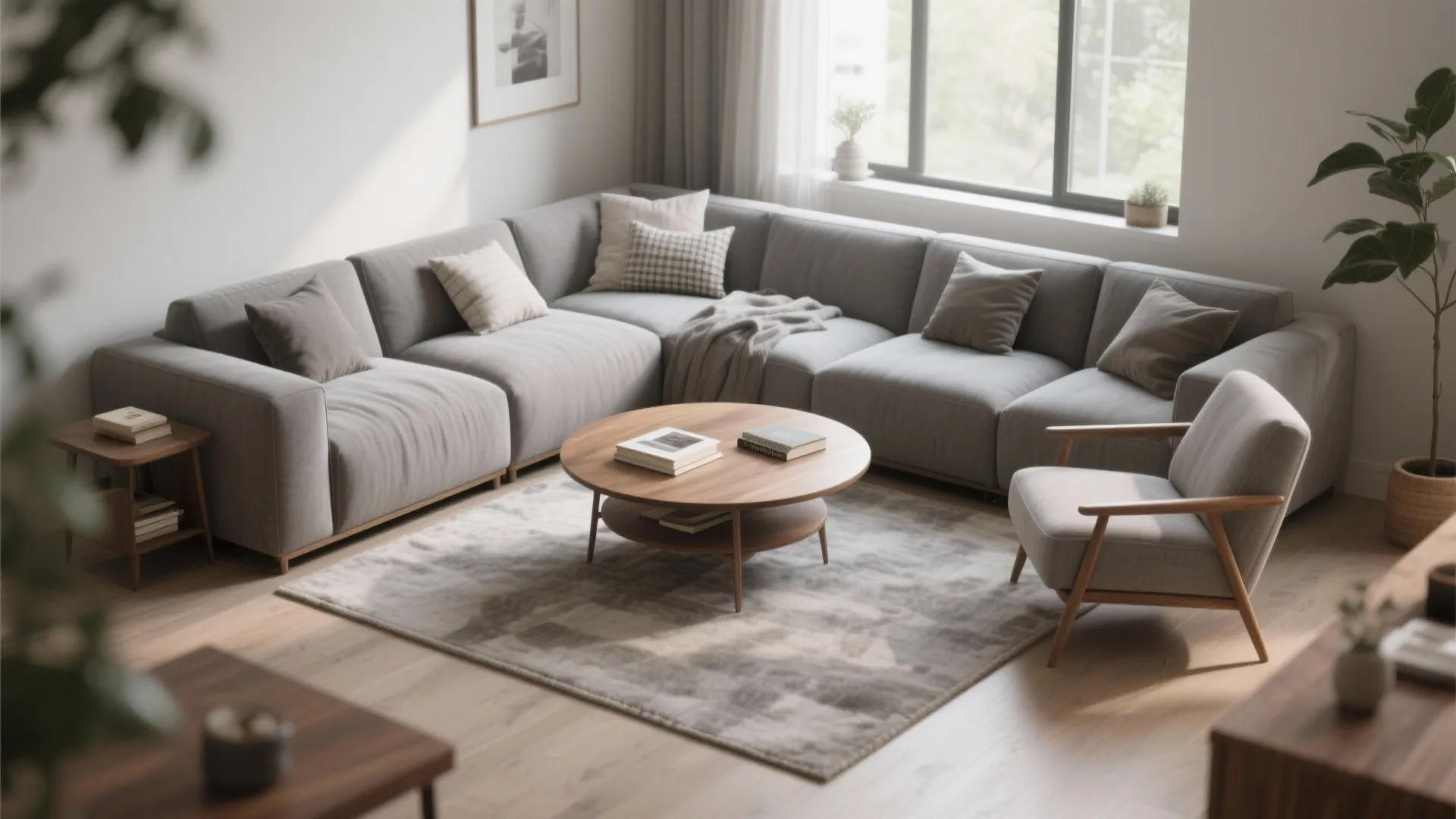 Grey sectional sofa with pillows around a round wood coffee table in bright living room