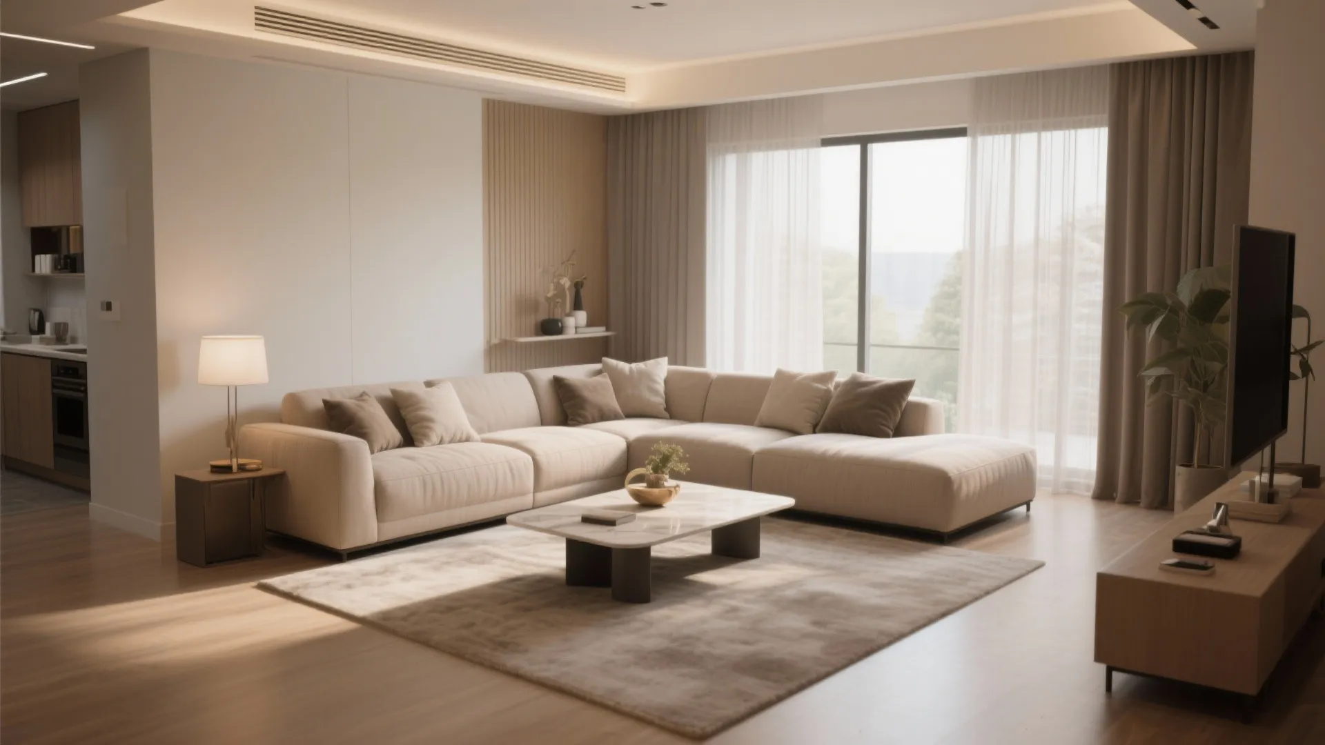 Spacious living room featuring beige sofa marble coffee table wooden floor and large bright windows