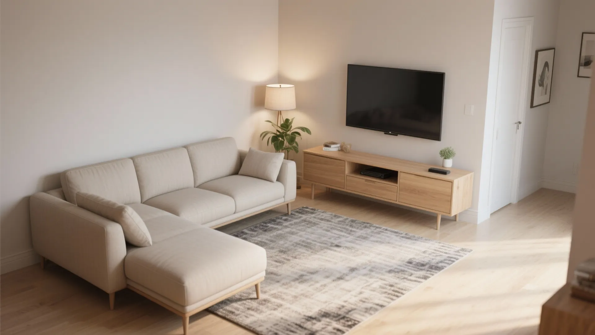 Modern living room with cream sofa wooden cabinet wall television grey rug and warm floor light