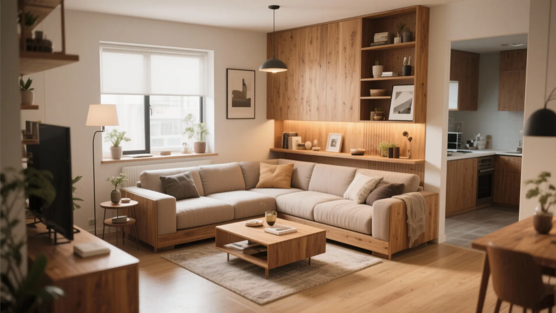 Modern living room featuring a beige l-shaped sofa wooden coffee table and warm ceiling light