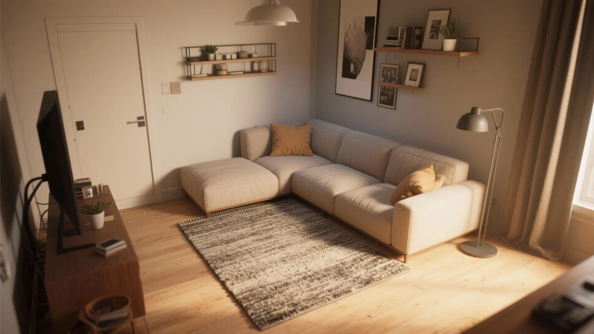 Cozy studio with rug aligned to L-shaped sofa edges