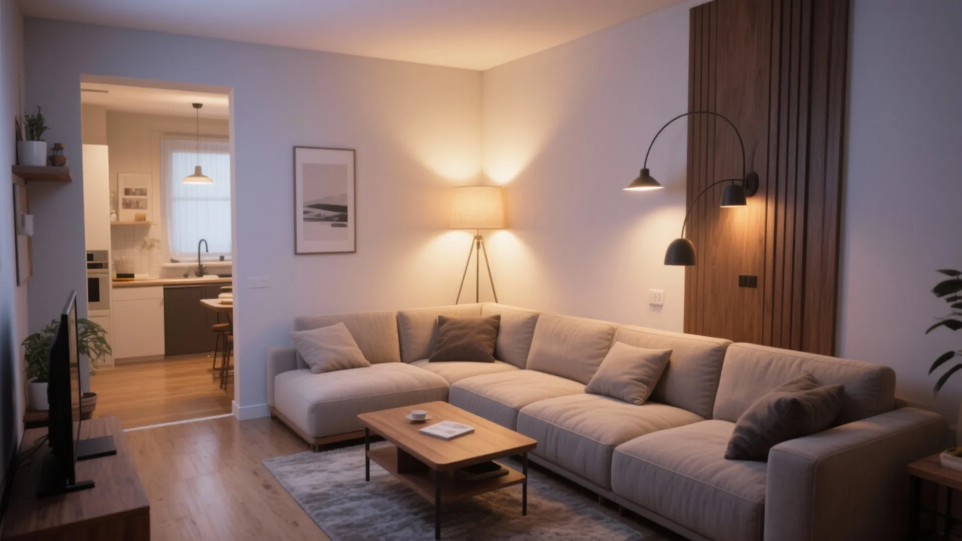Modern living room with beige sofa wooden coffee table floor lamp and wall panel design