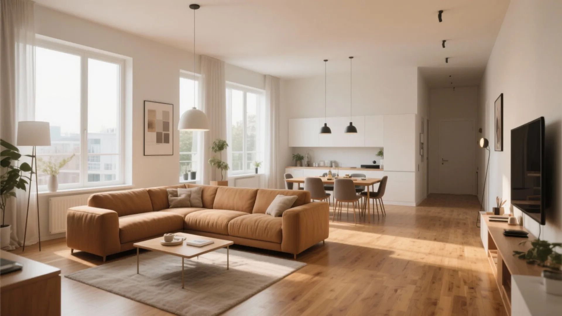 6. L-Shaped Tan Sofa for Multifunctional Spaces