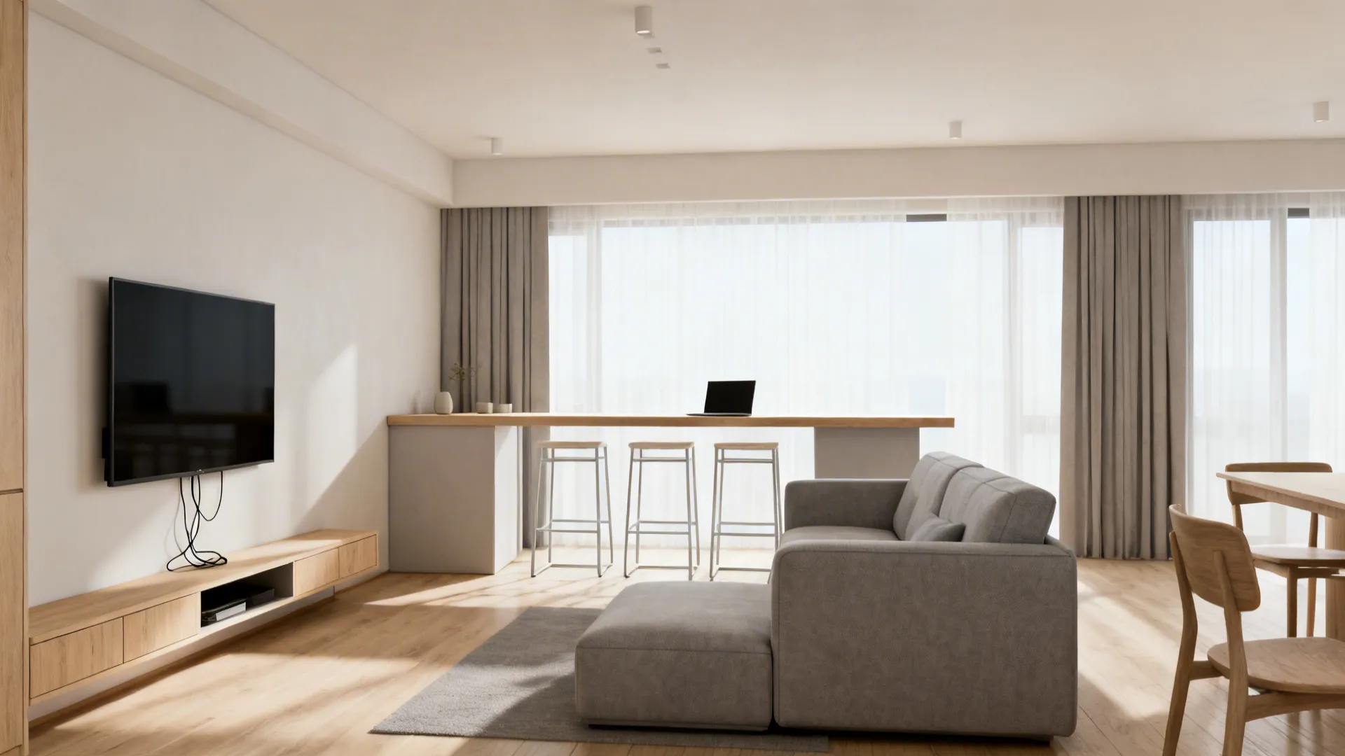 Modern living room featuring grey sofa wooden floors television stand and breakfast bar with tall stools