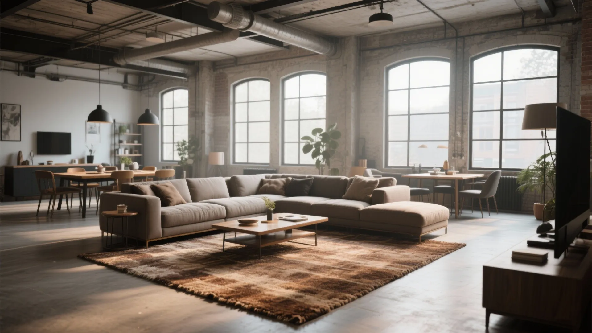 Large industrial loft living room with grey sofa brown rug brick walls and big black windows