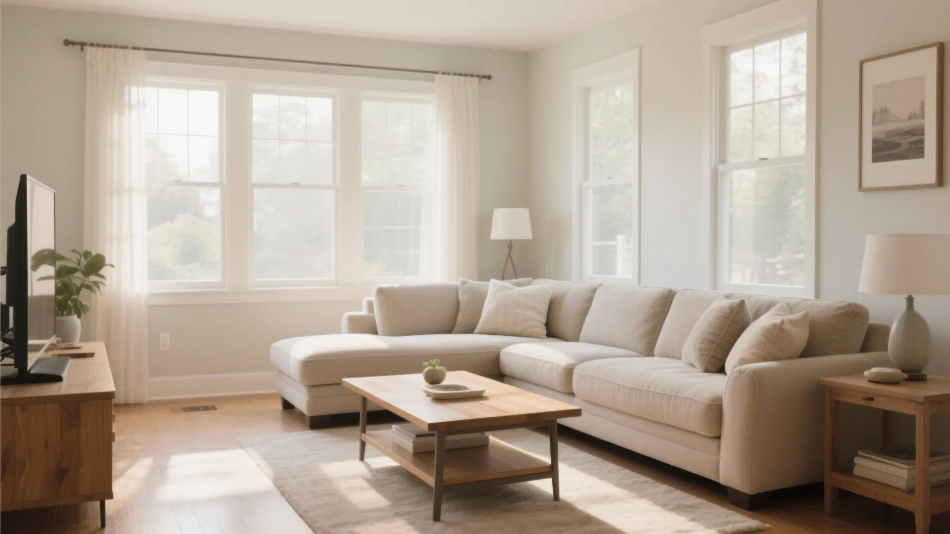 Bright living room with large windows white curtains beige sofa wooden coffee table and television