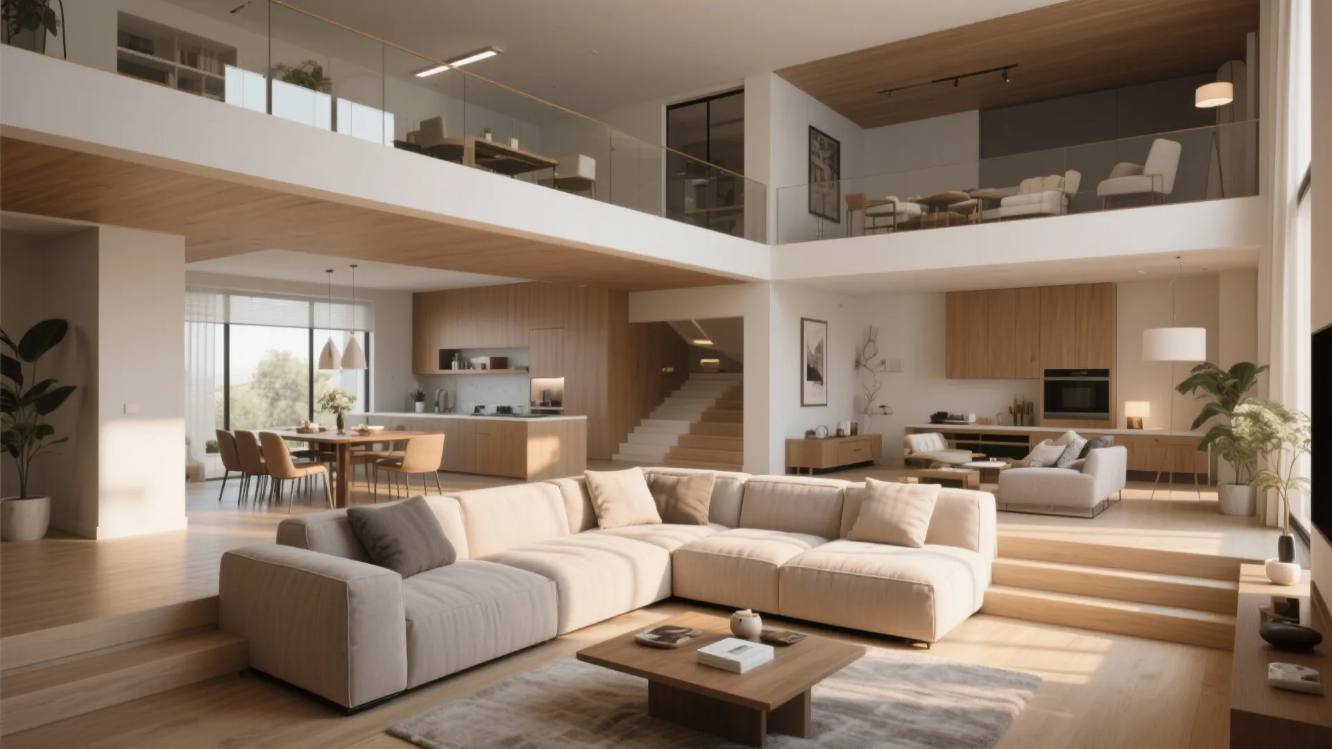 Open plan house design with large cream sofa wooden kitchen cabinets and upper floor glass balcony