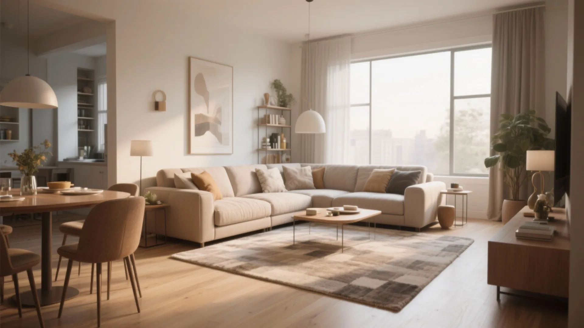 Modern open living room with cream sofa wood floor large window and warm ceiling light fixtures