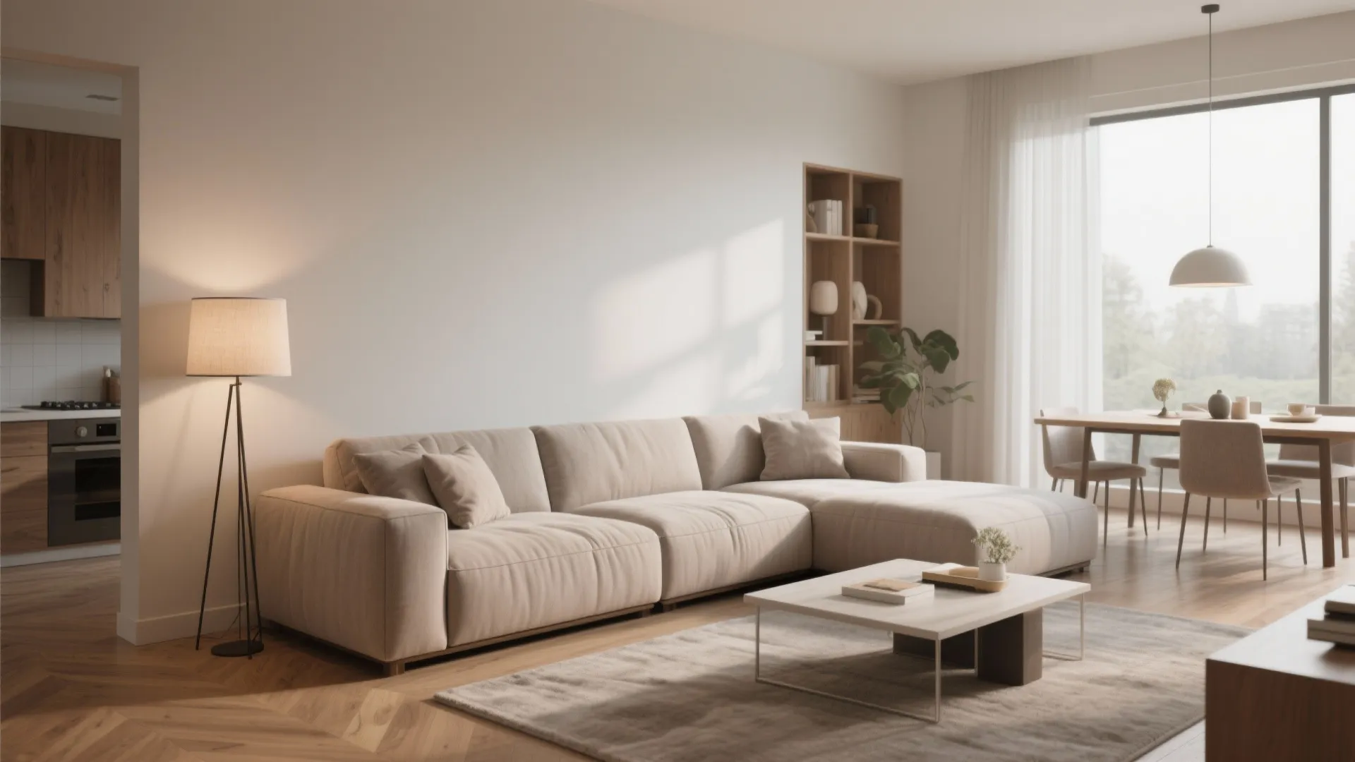 Open plan living area with beige sofa, floor lamp, coffee table, and dining table set