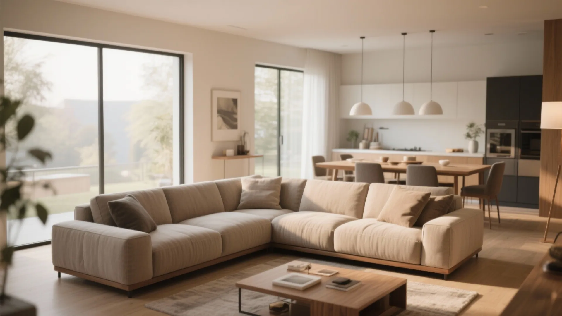 Large beige sofa in open plan living room with wooden table kitchen area and glass windows