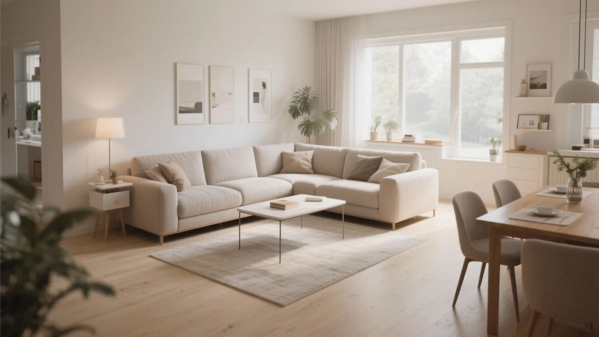Bright open living area with beige corner sofa wood floor dining table chairs and window