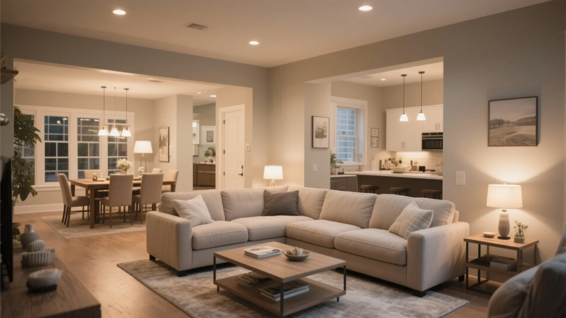 Modern open plan living room with a large beige sofa dining table and kitchen area