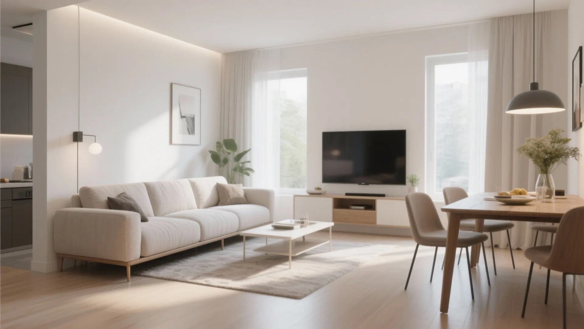 Bright open living area with white sofa coffee table dining table and black ceiling light fixture