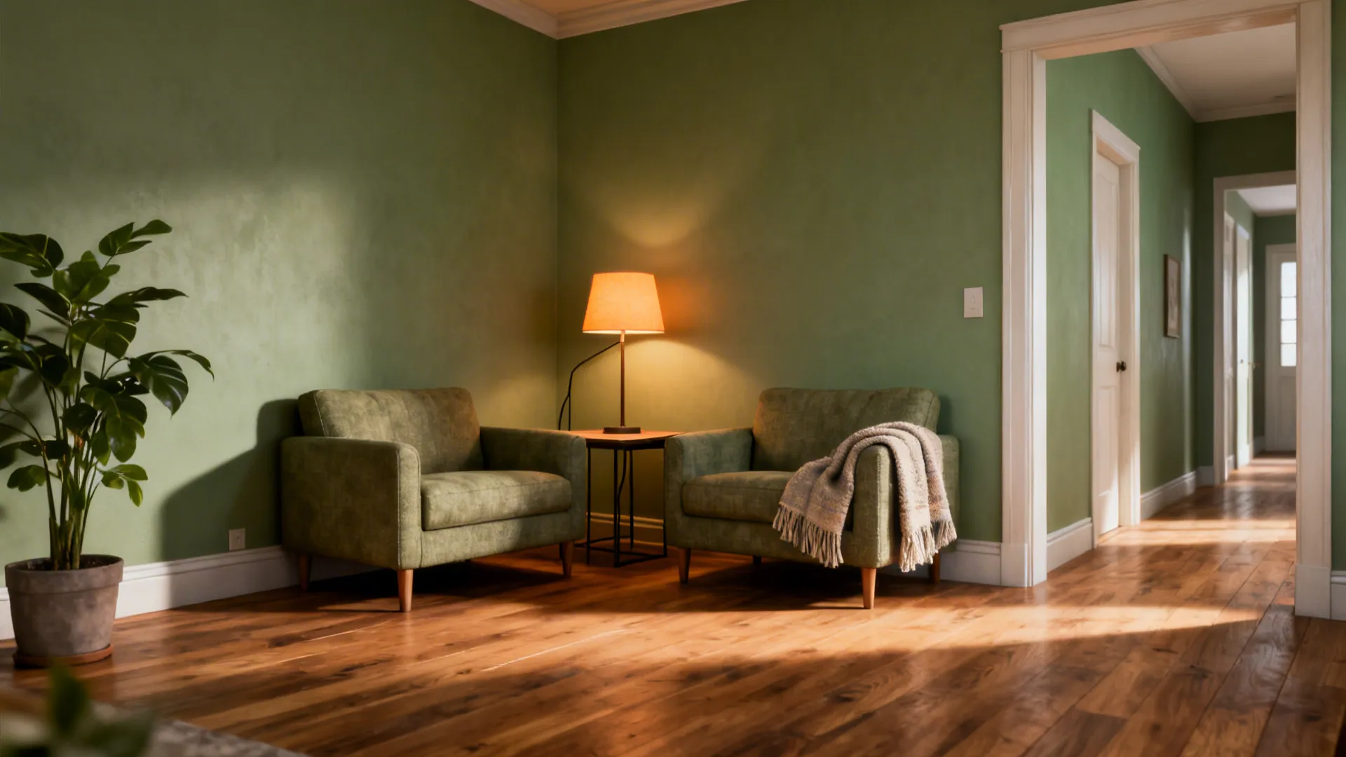 Two small sofas arranged in an L-shape in a corner with a lamp and side table.