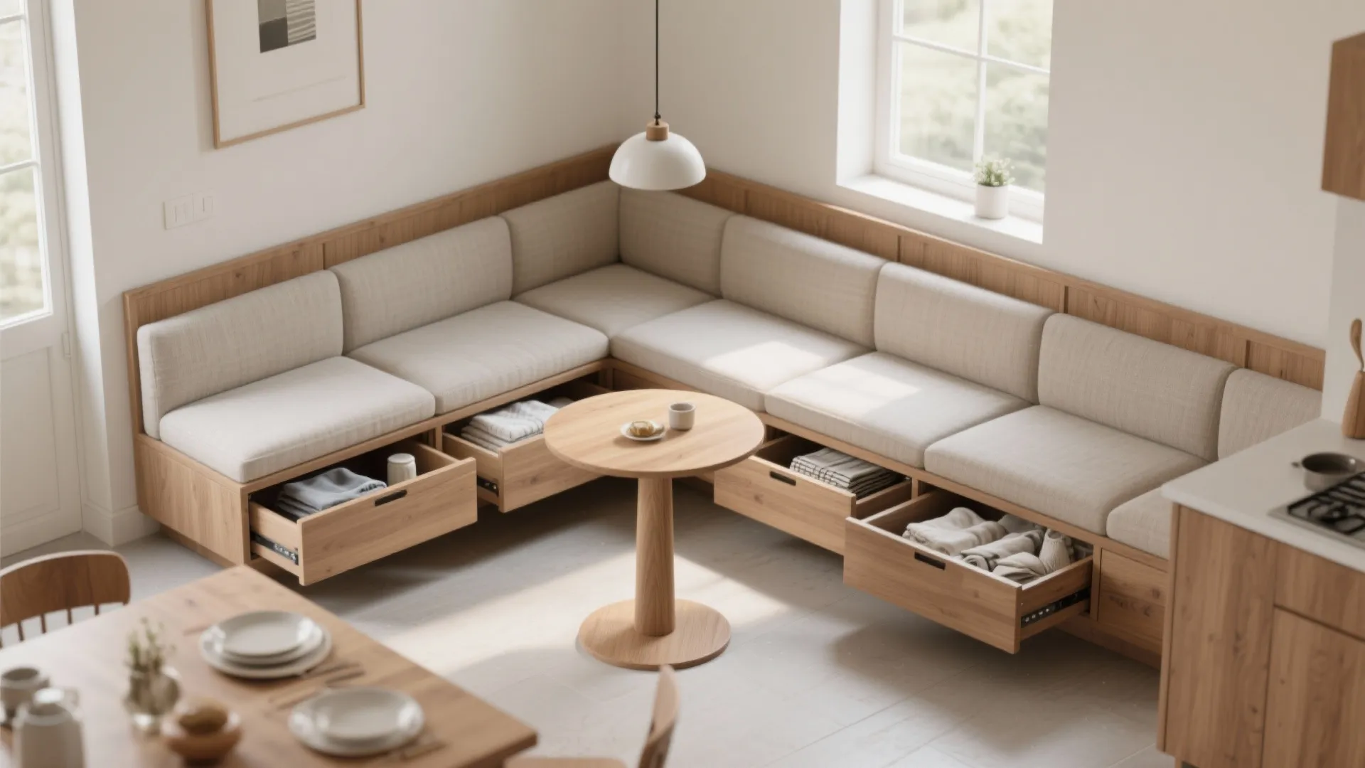 1. Built-in L-shaped bench with storage
