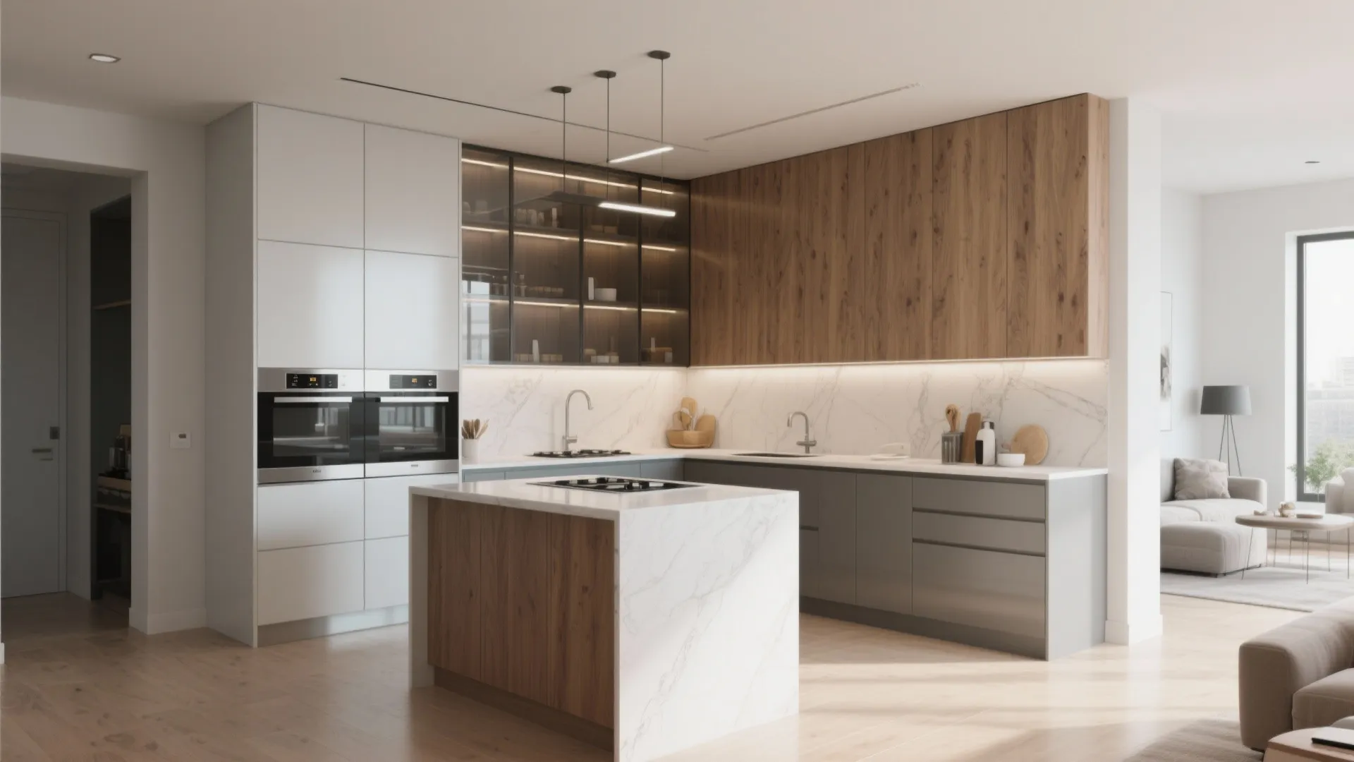 3. L-shaped open plan with tall storage wall