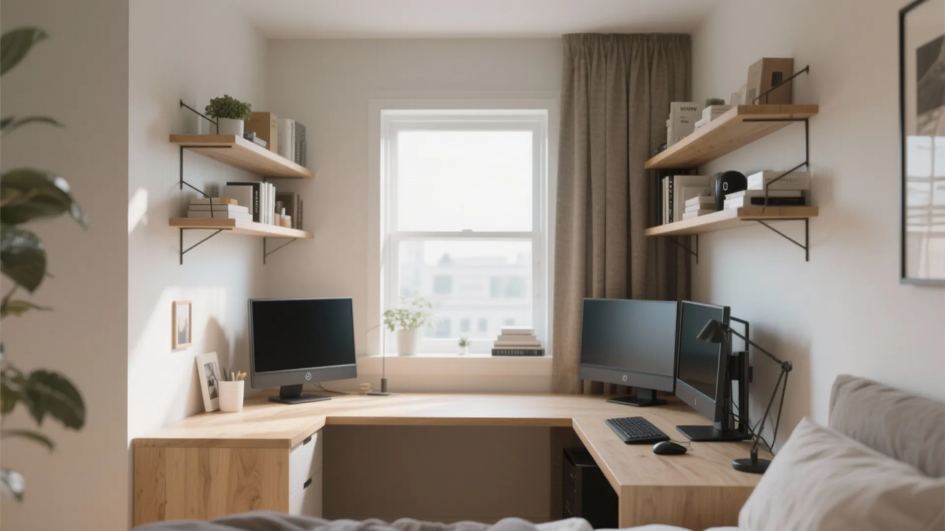 L-shaped study nook in a bedroom corner with dual monitors and shelves