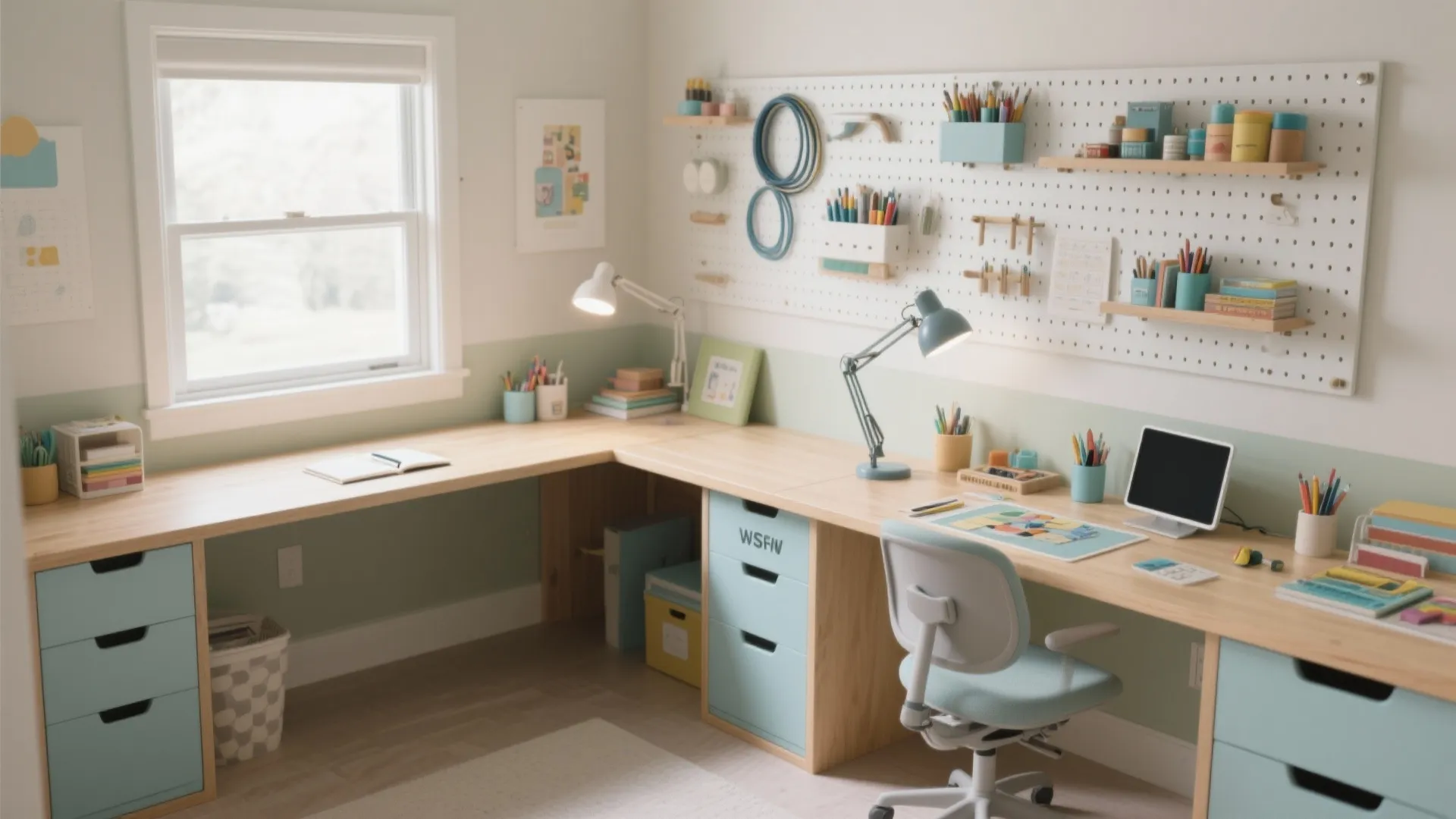 L-shaped study corner with daylight and pegboard