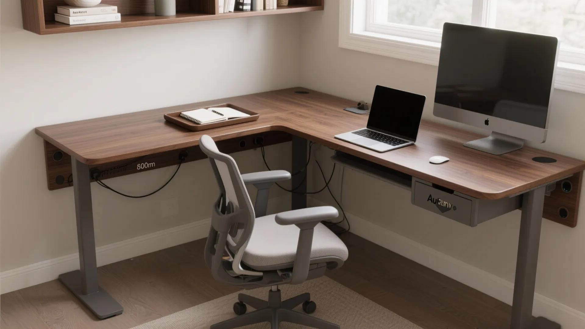 Compact L-shaped desk with integrated cable management