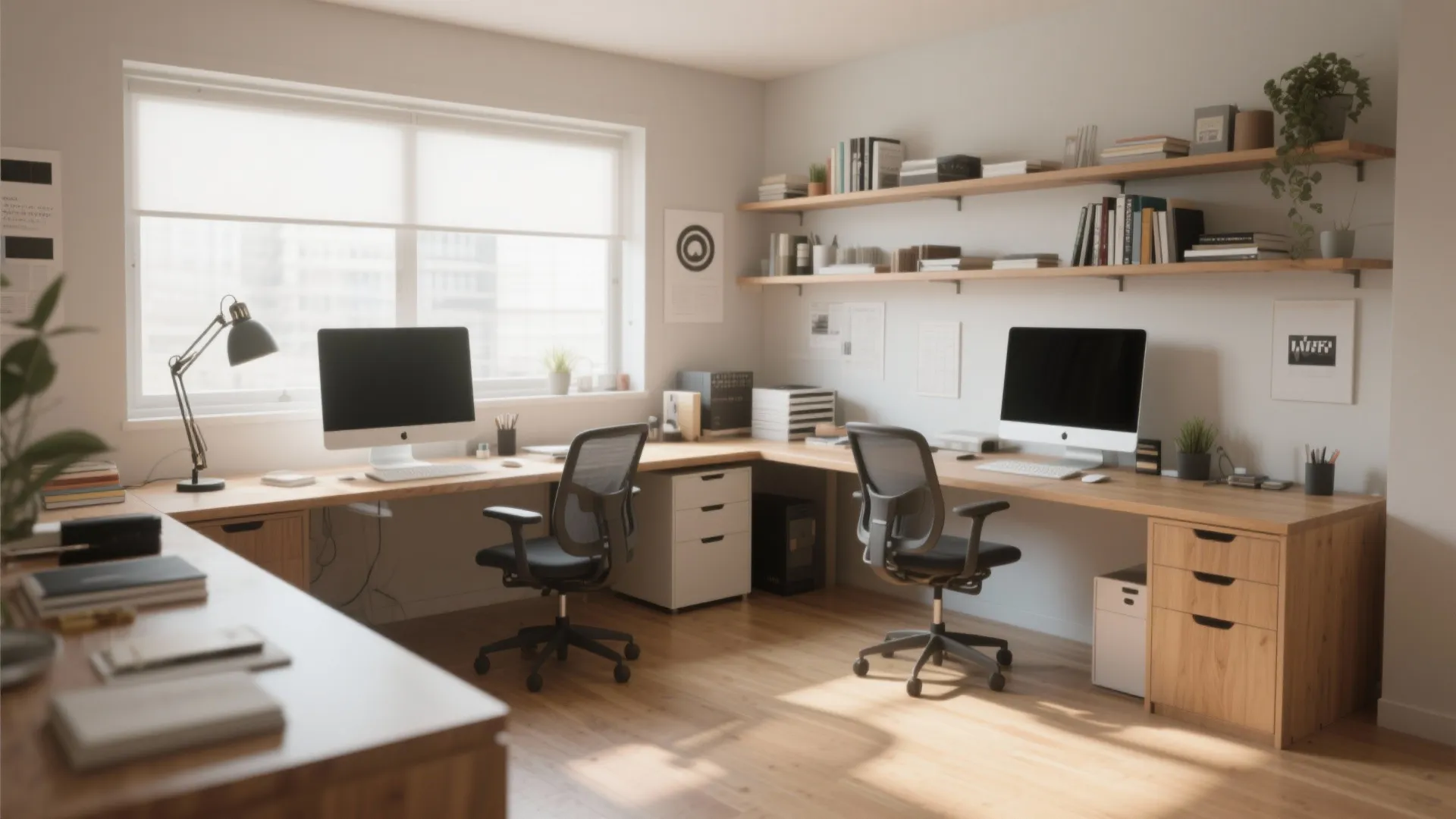 Spacious home office featuring long wooden corner desk two computer monitors and two black chairs