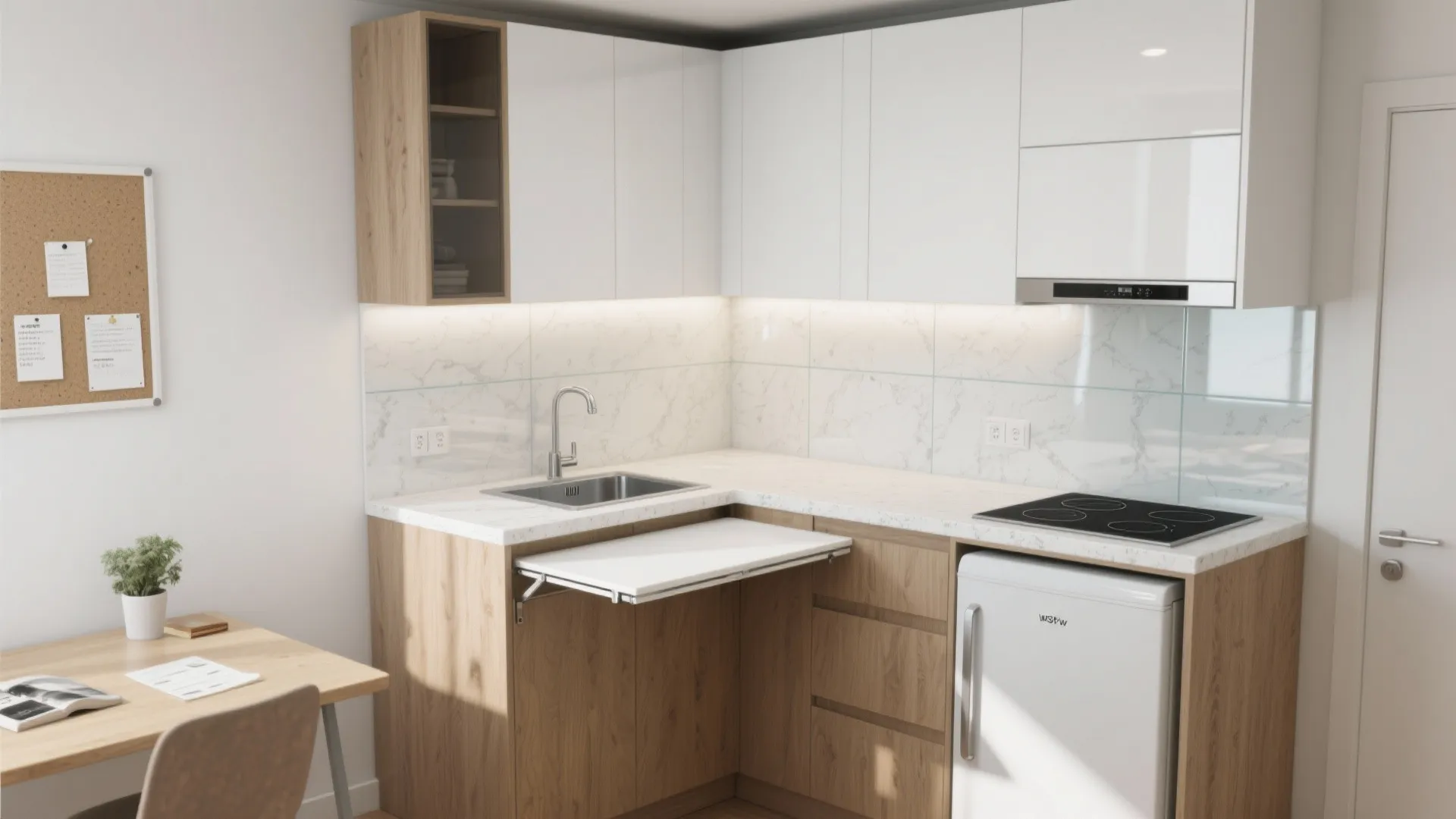 L shaped kitchen with white cabinets wood lower units sink stove and a fold out table