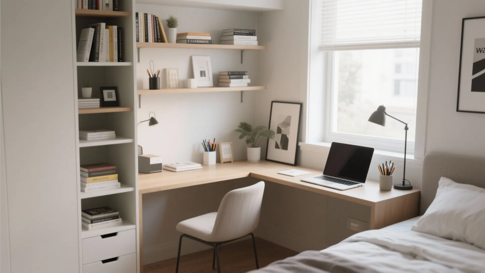 L shaped wooden desk with laptop and lamp in a bedroom corner next to window