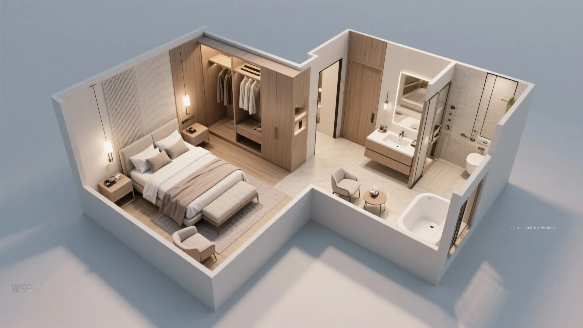 Interior design drawing of a modern master bedroom suite with bathroom and large walk in closet