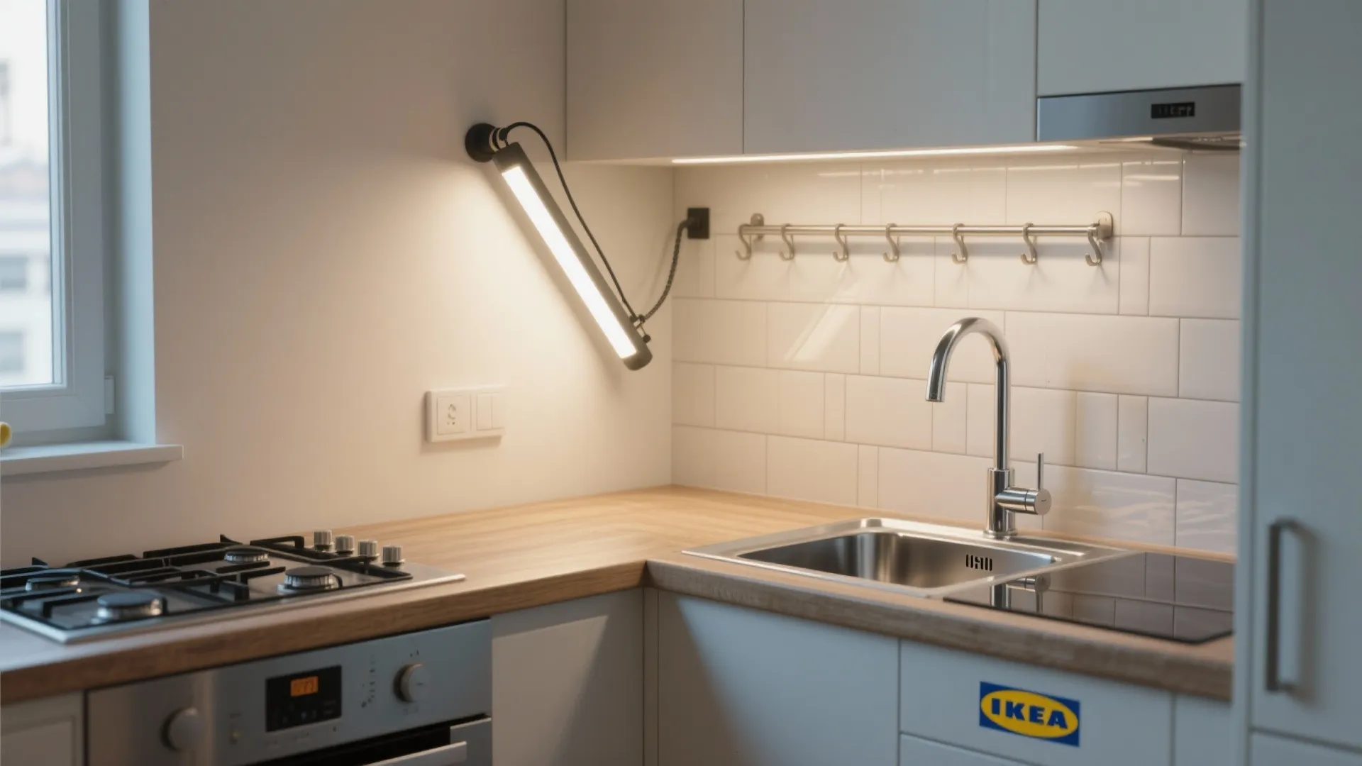 Adjustable swing-arm lights in L-shaped kitchens