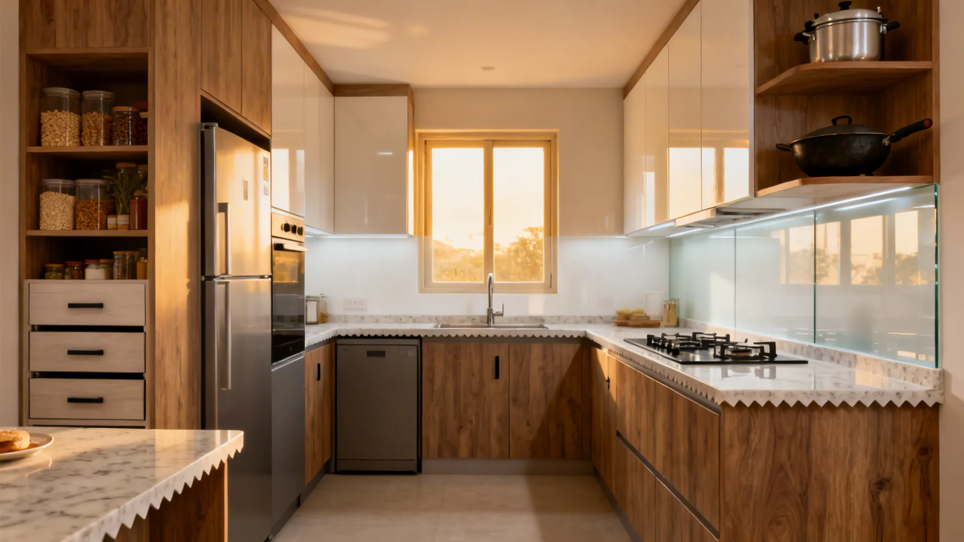 L-shaped compact kitchen with tall pantry drawers and generous prep beside the hob.