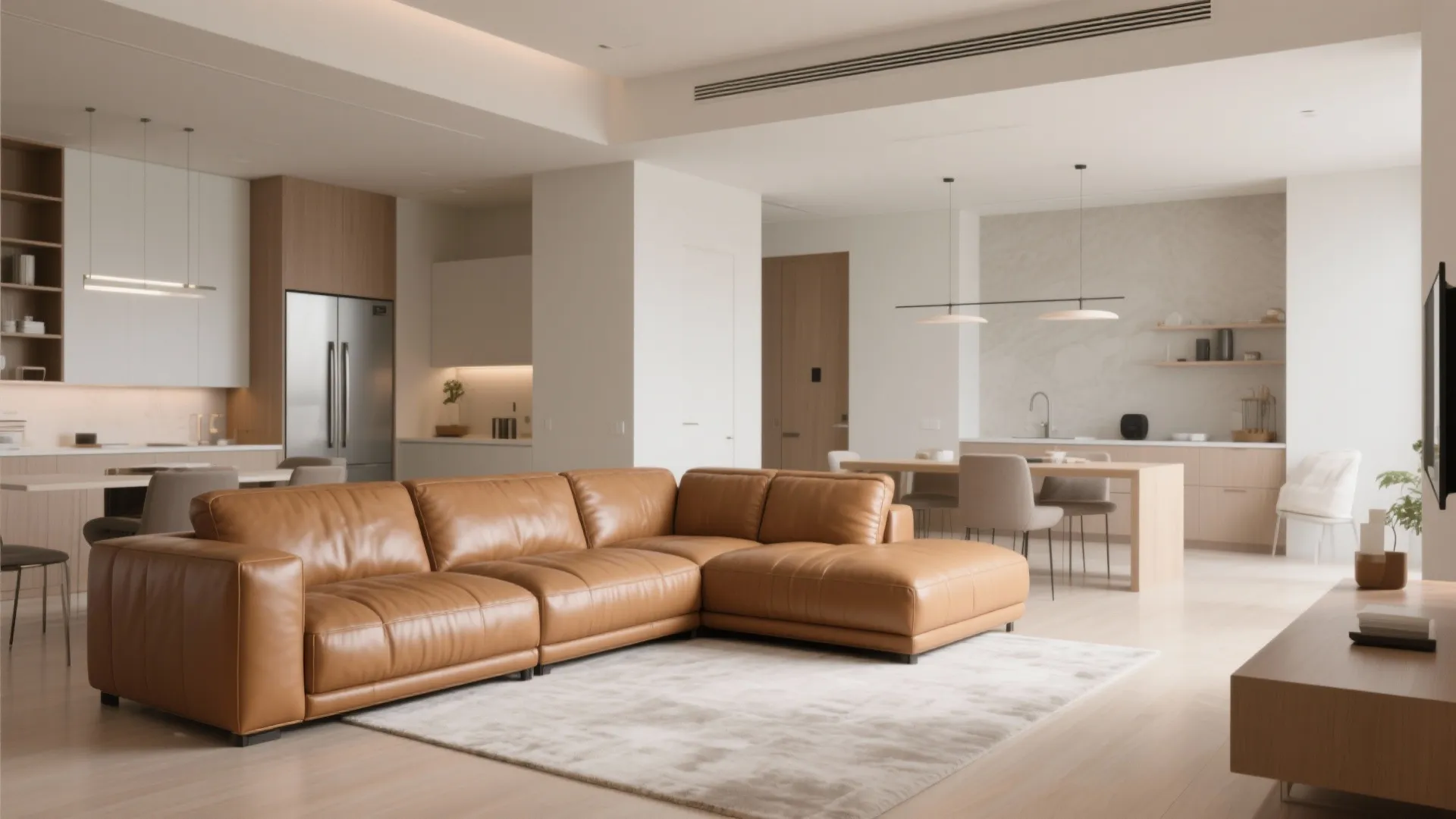 L-shaped tan sofa dividing an open-concept living area