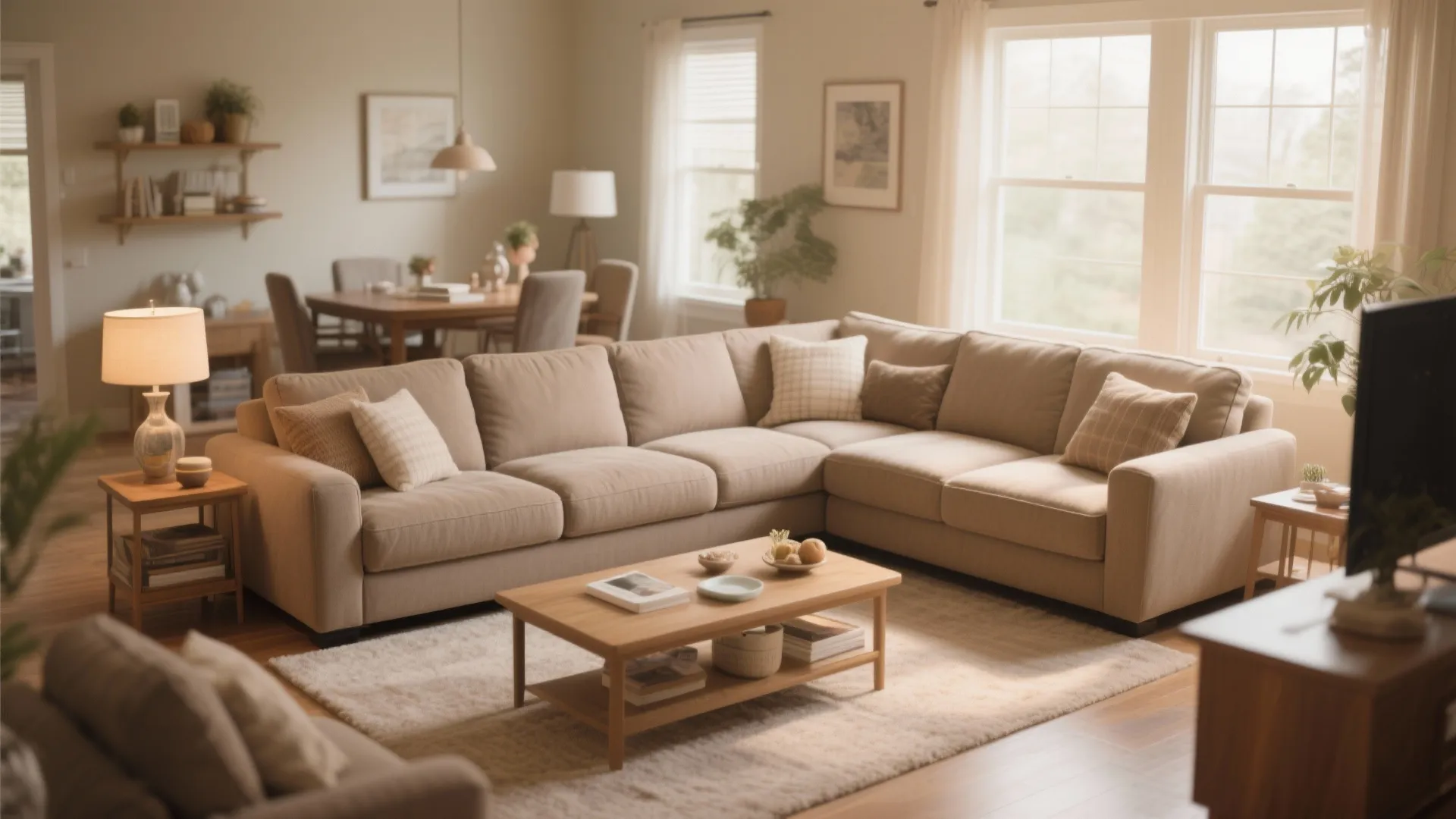 Large taupe sofa in open living room with wooden coffee table table lamp and dining area